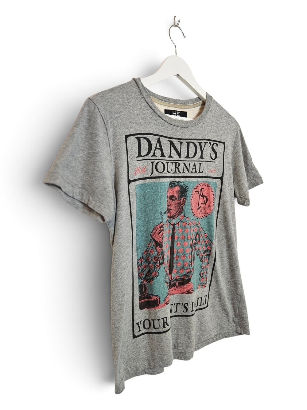 H.E. by Mango Graphic Tee XS Dandy's Journal Vintage Magazine Print Gray Cotton
